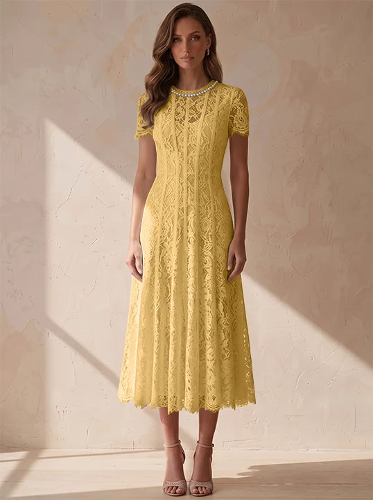 A-Line/Princess Scoop Lace Cocktail Dresses Tea-Length Little White Dresses Beading Short Sleeves Party Dresses