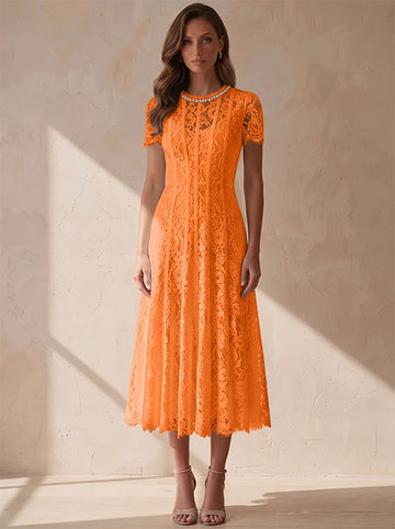 A-Line/Princess Scoop Lace Cocktail Dresses Tea-Length Little White Dresses Beading Short Sleeves Party Dresses