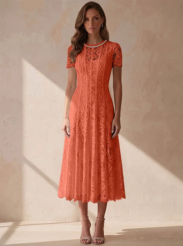 A-Line/Princess Scoop Lace Cocktail Dresses Tea-Length Little White Dresses Beading Short Sleeves Party Dresses