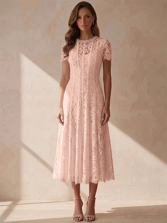 A-Line/Princess Scoop Lace Cocktail Dresses Tea-Length Little White Dresses Beading Short Sleeves Party Dresses