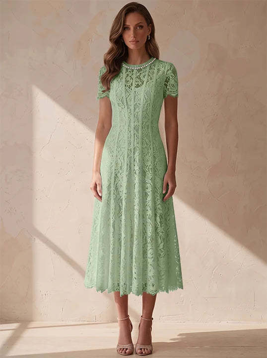 A-Line/Princess Scoop Lace Cocktail Dresses Tea-Length Little White Dresses Beading Short Sleeves Party Dresses