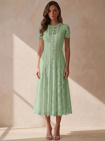 A-Line/Princess Scoop Lace Cocktail Dresses Tea-Length Little White Dresses Beading Short Sleeves Party Dresses