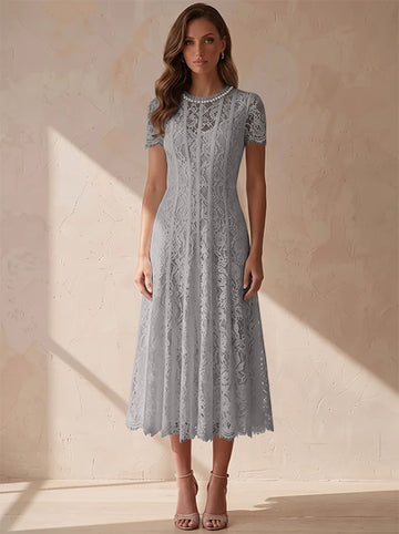 A-Line/Princess Scoop Lace Cocktail Dresses Tea-Length Little White Dresses Beading Short Sleeves Party Dresses