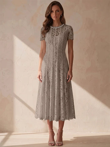 A-Line/Princess Scoop Lace Cocktail Dresses Tea-Length Little White Dresses Beading Short Sleeves Party Dresses