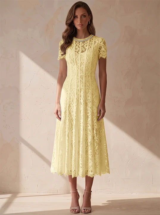 A-Line/Princess Scoop Lace Cocktail Dresses Tea-Length Little White Dresses Beading Short Sleeves Party Dresses
