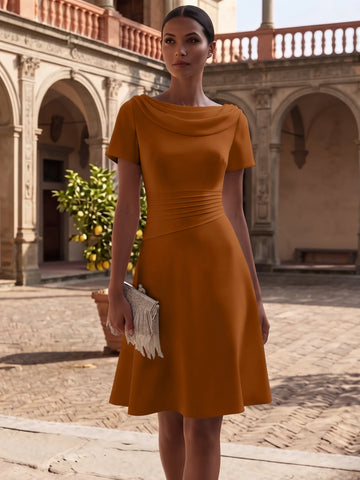 A-Line/Princess Cowl Neck Stretch Satin Cocktail Dresses Knee-Length Short Sleeves Little White Dresses Ruched Party Dresses