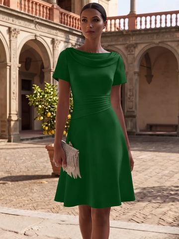 A-Line/Princess Cowl Neck Stretch Satin Cocktail Dresses Knee-Length Short Sleeves Little White Dresses Ruched Party Dresses