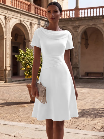 A-Line/Princess Cowl Neck Stretch Satin Cocktail Dresses Knee-Length Short Sleeves Little White Dresses Ruched Party Dresses
