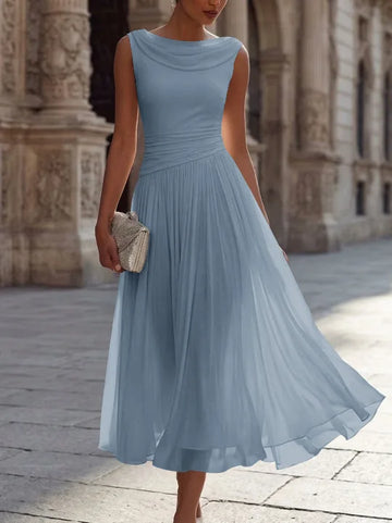 A-Line/Princess Boat Neck Chiffon Cocktail Dresses Sleeveless Tea-Length Pleated Little White Dresses Ruched Party Dresses