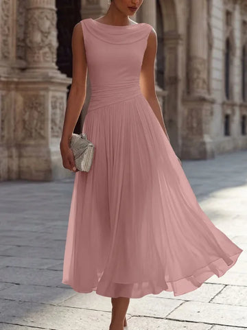 A-Line/Princess Boat Neck Chiffon Cocktail Dresses Sleeveless Tea-Length Pleated Little White Dresses Ruched Party Dresses