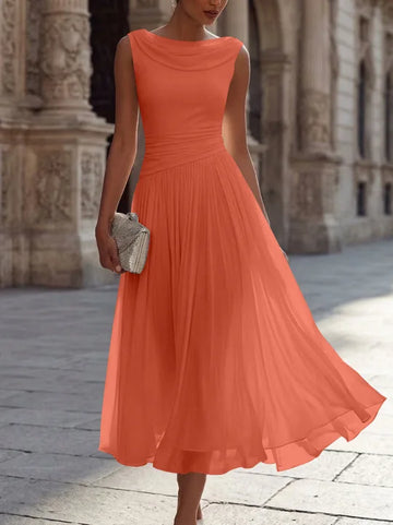 A-Line/Princess Boat Neck Chiffon Cocktail Dresses Sleeveless Tea-Length Pleated Little White Dresses Ruched Party Dresses