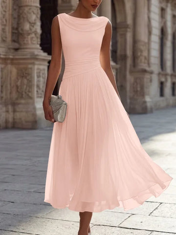 A-Line/Princess Boat Neck Chiffon Cocktail Dresses Sleeveless Tea-Length Pleated Little White Dresses Ruched Party Dresses