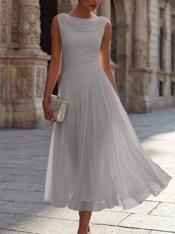 A-Line/Princess Boat Neck Chiffon Cocktail Dresses Sleeveless Tea-Length Pleated Little White Dresses Ruched Party Dresses