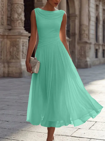 A-Line/Princess Boat Neck Chiffon Cocktail Dresses Sleeveless Tea-Length Pleated Little White Dresses Ruched Party Dresses