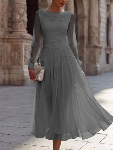 A-Line/Princess Boat Neck Chiffon Cocktail Dresses Long Sleeves Tea-Length Pleated Little White Dresses Ruched Party Dresses