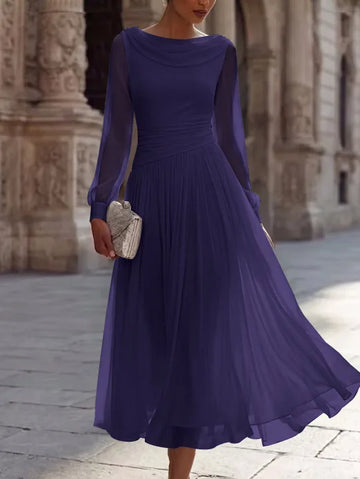 A-Line/Princess Boat Neck Chiffon Cocktail Dresses Long Sleeves Tea-Length Pleated Little White Dresses Ruched Party Dresses