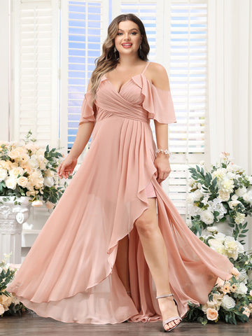 A-Line V-Neck Spaghetti Straps Short Sleeves Asymmetrical Chiffon Plus Size Bridesmaid Dresses