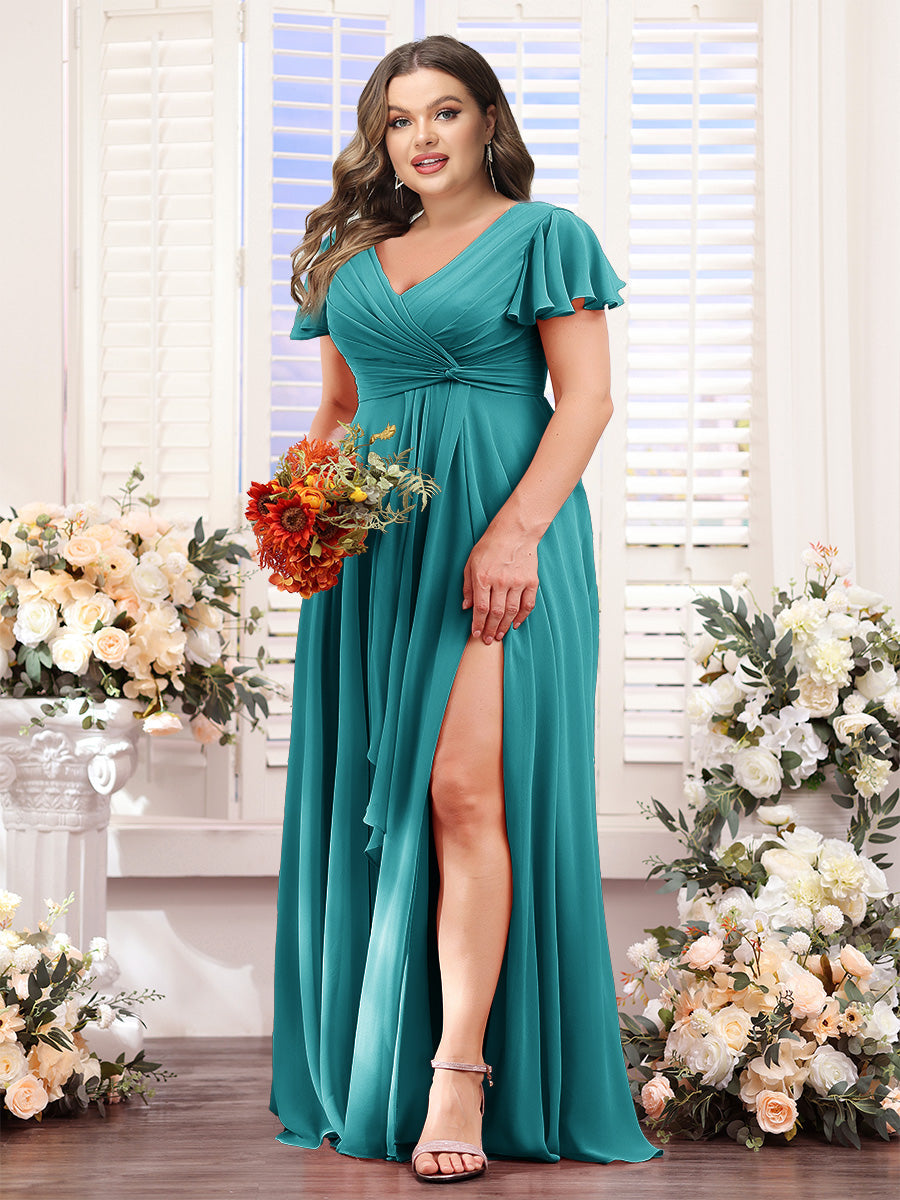 A-Line V-Neck Short Sleeves Split Side Chiffon Plus Size Bridesmaid Dresses