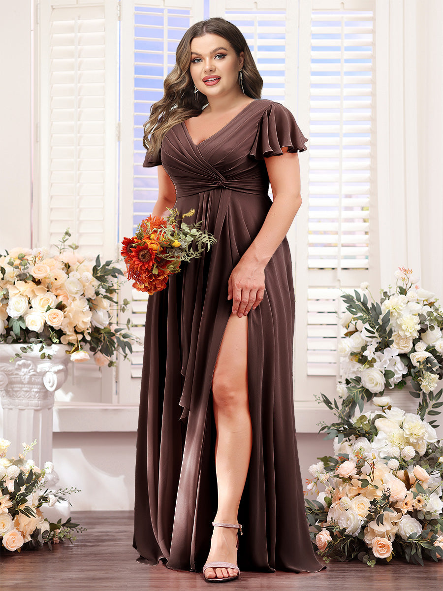 A-Line V-Neck Short Sleeves Split Side Chiffon Plus Size Bridesmaid Dresses