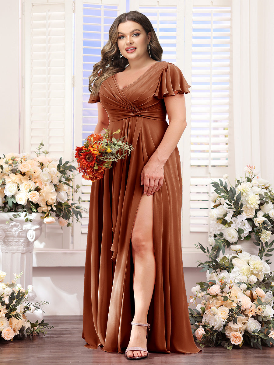 A-Line V-Neck Short Sleeves Split Side Chiffon Plus Size Bridesmaid Dresses