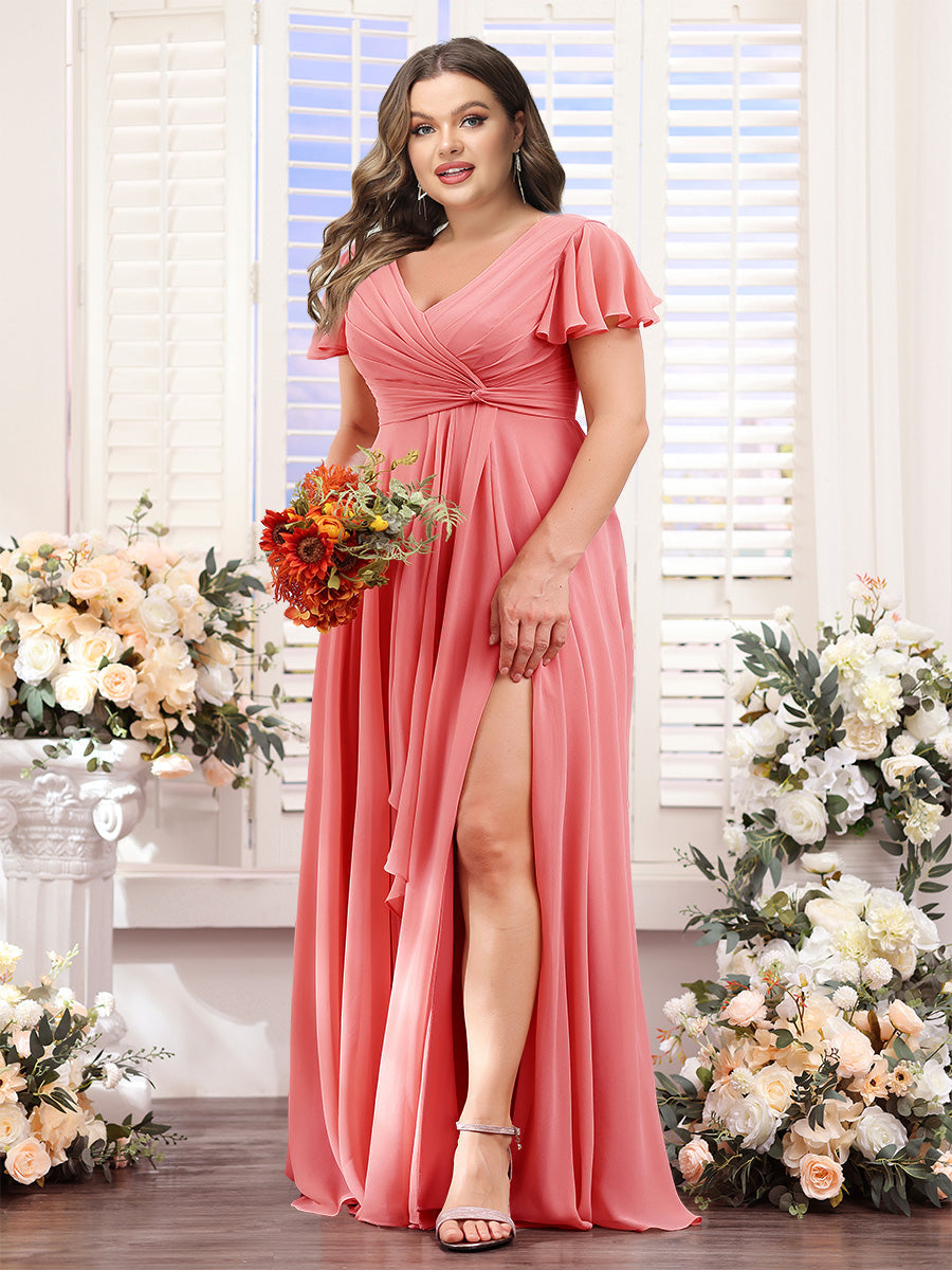 A-Line V-Neck Short Sleeves Split Side Chiffon Plus Size Bridesmaid Dresses