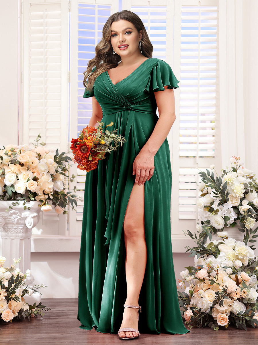 A-Line V-Neck Short Sleeves Split Side Chiffon Plus Size Bridesmaid Dresses