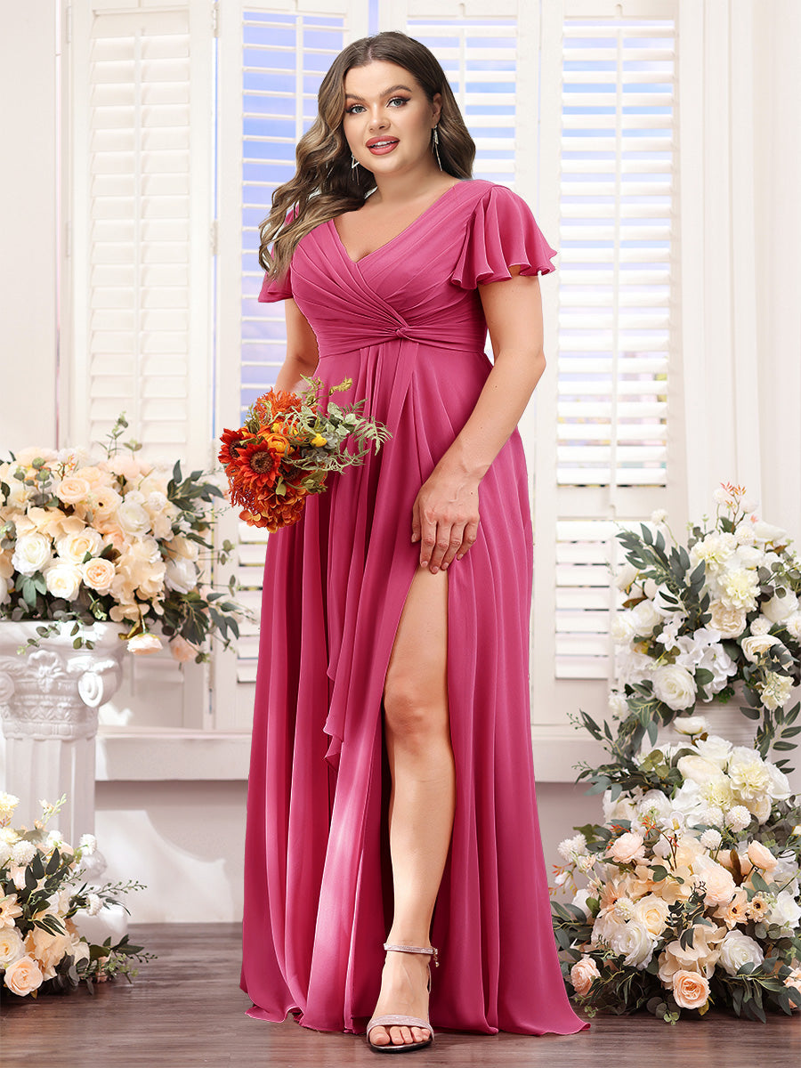 A-Line V-Neck Short Sleeves Split Side Chiffon Plus Size Bridesmaid Dresses
