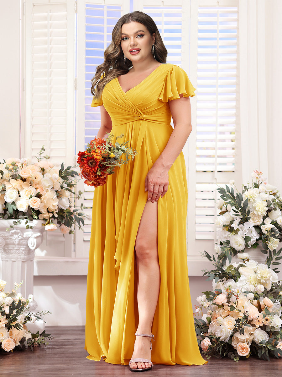 A-Line V-Neck Short Sleeves Split Side Chiffon Plus Size Bridesmaid Dresses