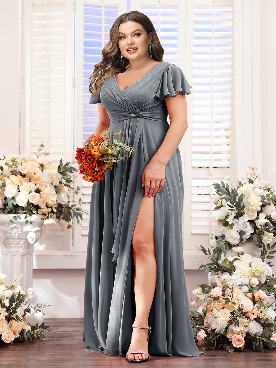 A-Line V-Neck Short Sleeves Split Side Chiffon Plus Size Bridesmaid Dresses