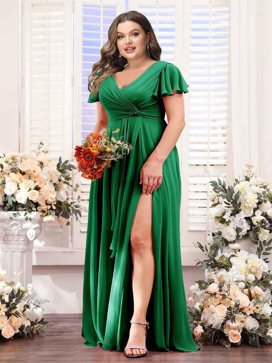 A-Line V-Neck Short Sleeves Split Side Chiffon Plus Size Bridesmaid Dresses