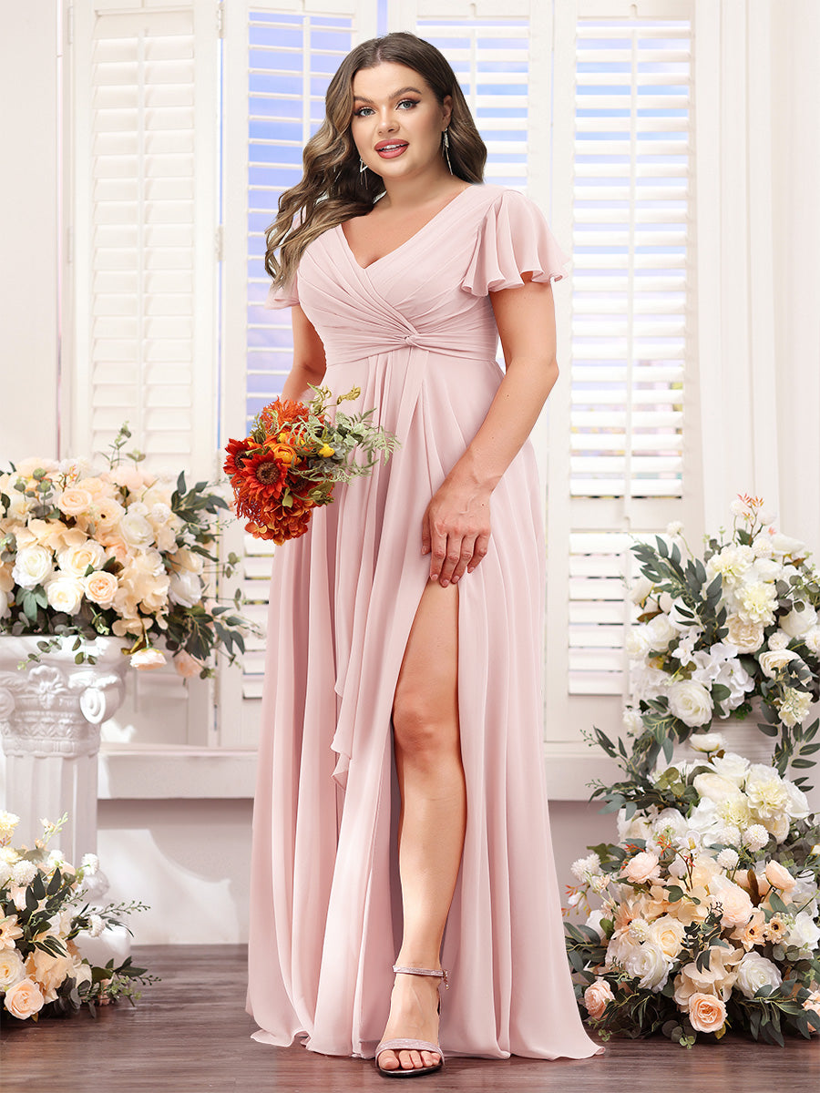 A-Line V-Neck Short Sleeves Split Side Chiffon Plus Size Bridesmaid Dresses