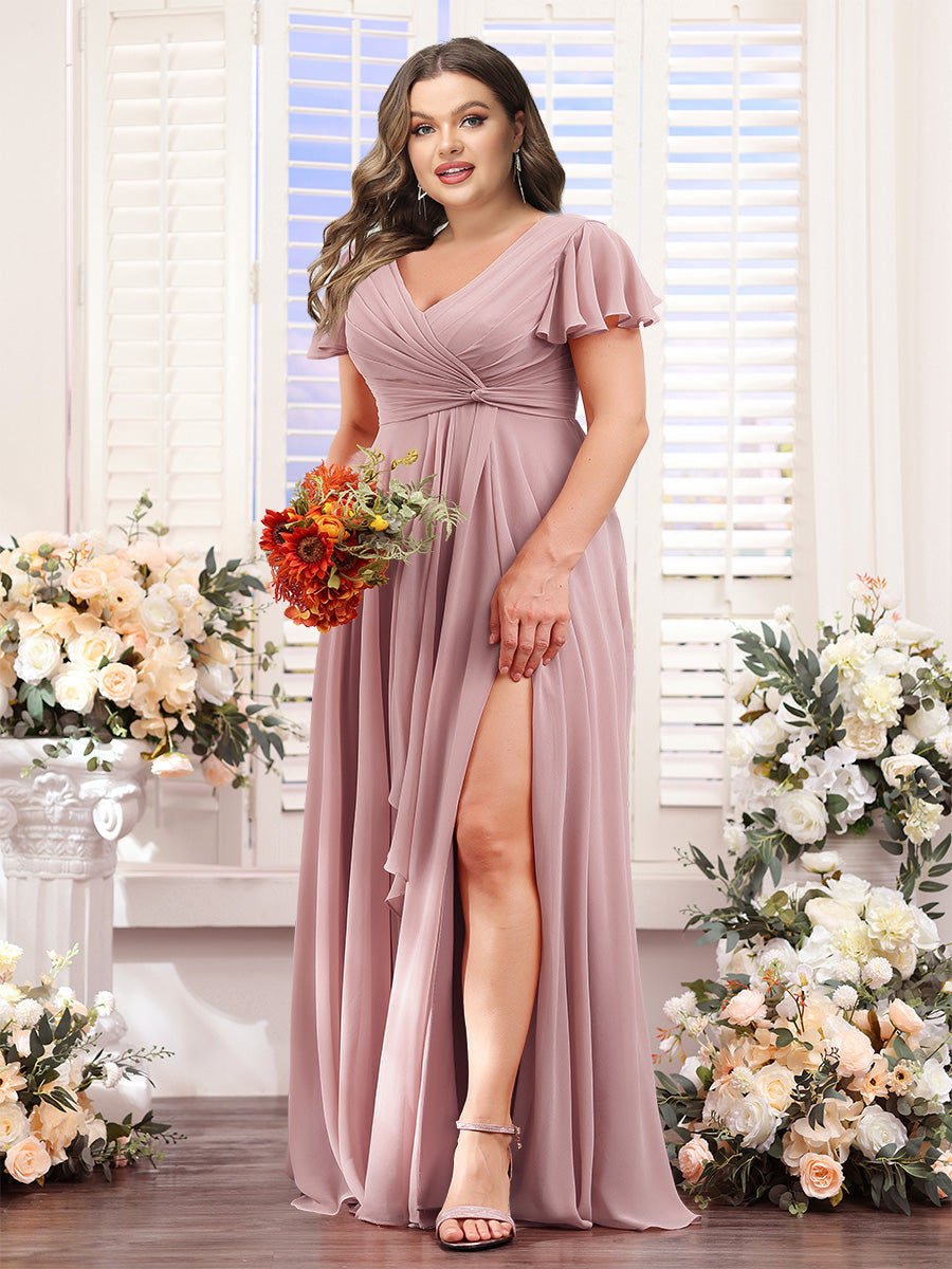 A-Line V-Neck Short Sleeves Split Side Chiffon Plus Size Bridesmaid Dresses