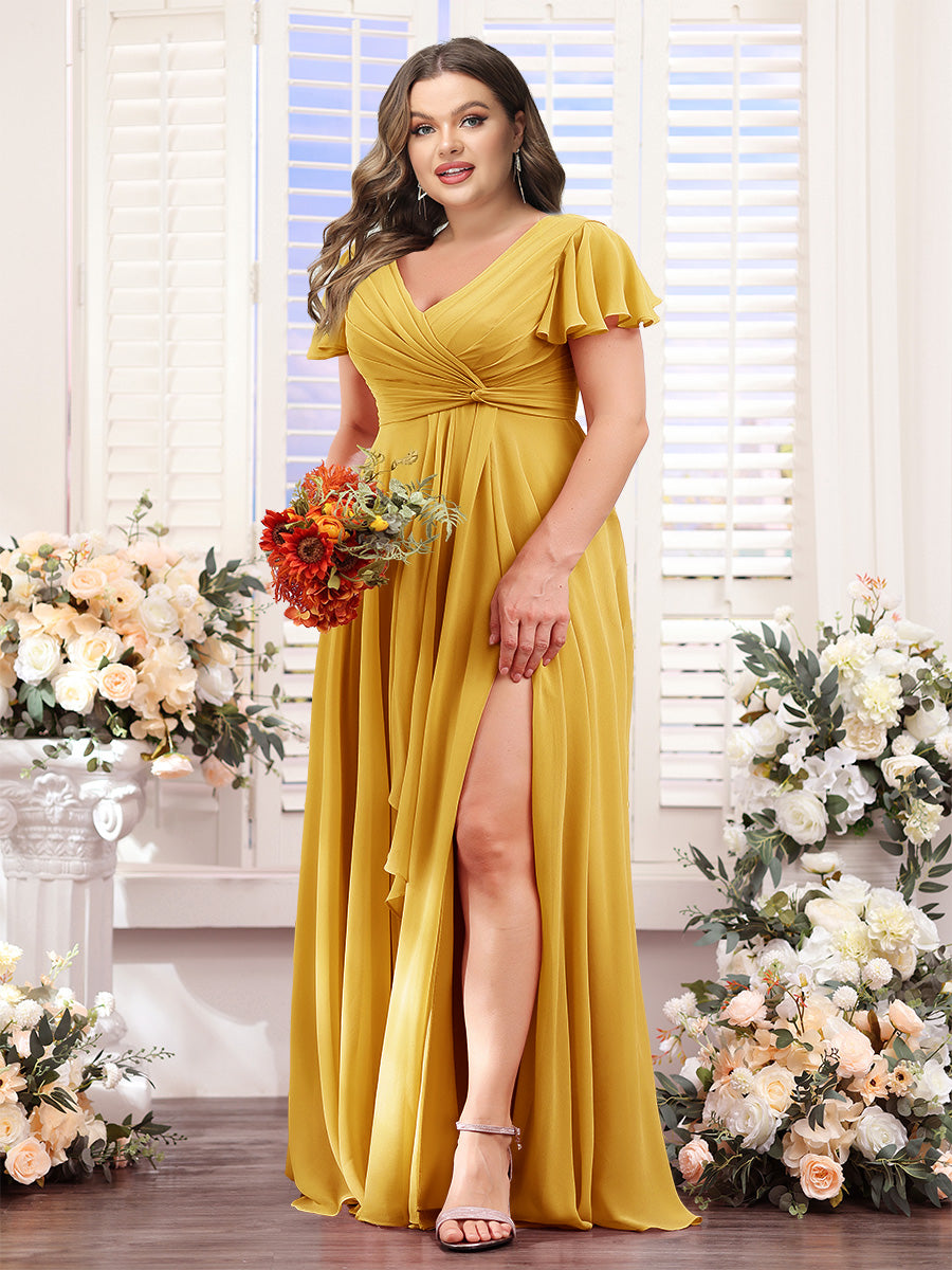 A-Line V-Neck Short Sleeves Split Side Chiffon Plus Size Bridesmaid Dresses