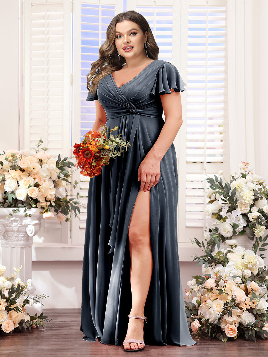 A-Line V-Neck Short Sleeves Split Side Chiffon Plus Size Bridesmaid Dresses