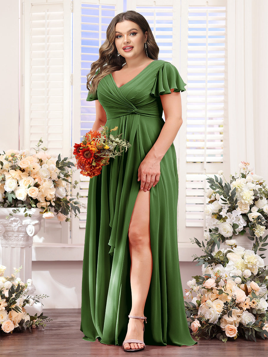 A-Line V-Neck Short Sleeves Split Side Chiffon Plus Size Bridesmaid Dresses