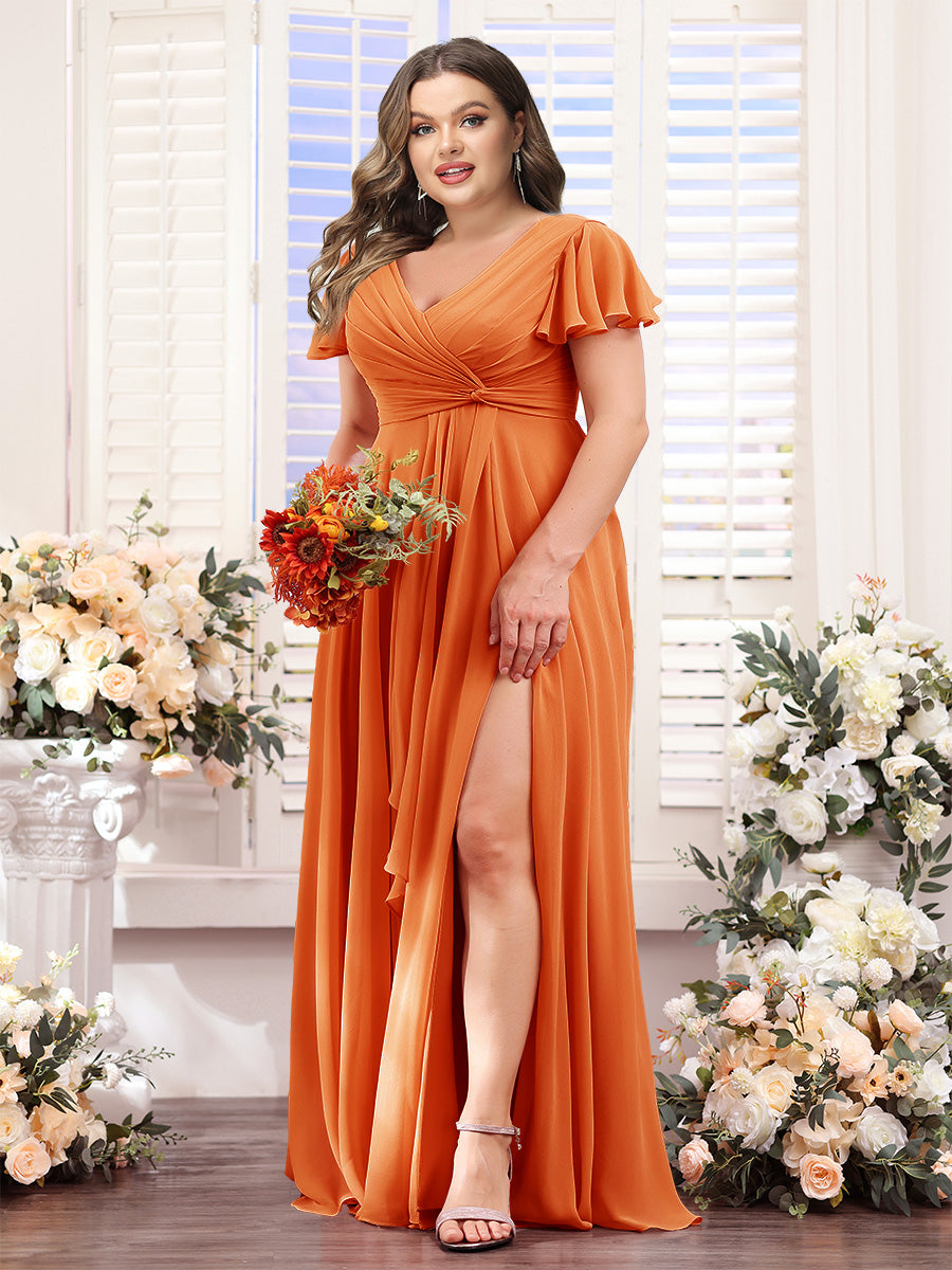 A-Line V-Neck Short Sleeves Split Side Chiffon Plus Size Bridesmaid Dresses