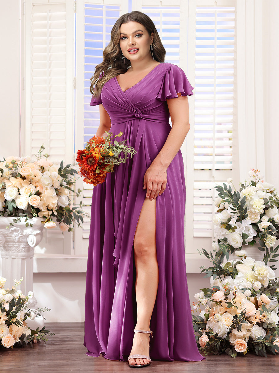 A-Line V-Neck Short Sleeves Split Side Chiffon Plus Size Bridesmaid Dresses