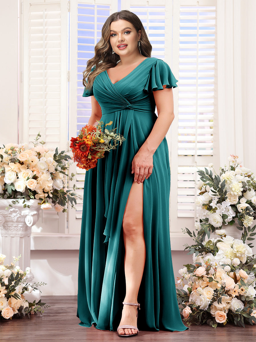 A-Line V-Neck Short Sleeves Split Side Chiffon Plus Size Bridesmaid Dresses