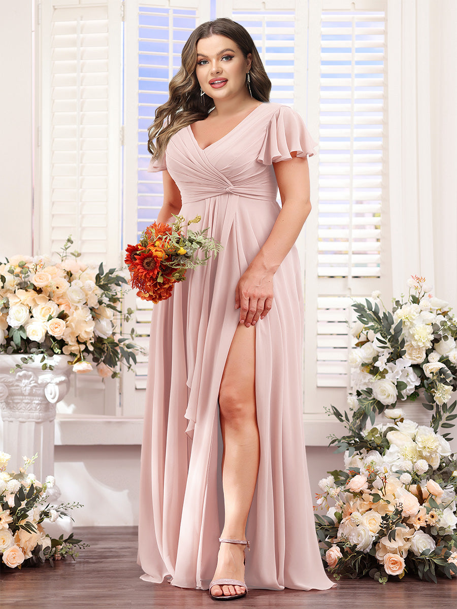 A-Line V-Neck Short Sleeves Split Side Chiffon Plus Size Bridesmaid Dresses
