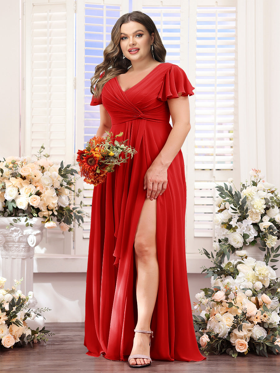 A-Line V-Neck Short Sleeves Split Side Chiffon Plus Size Bridesmaid Dresses