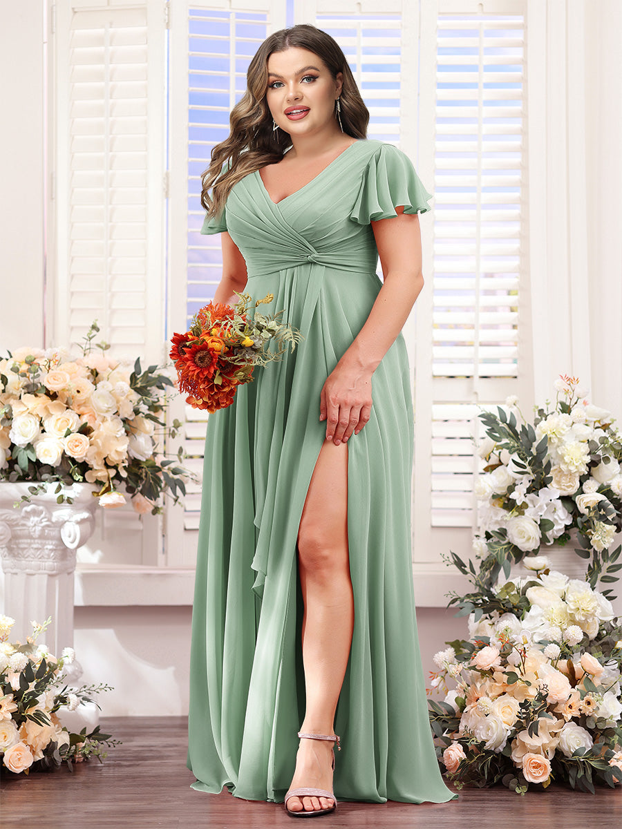 A-Line V-Neck Short Sleeves Split Side Chiffon Plus Size Bridesmaid Dresses
