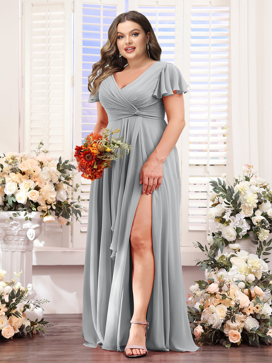 A-Line V-Neck Short Sleeves Split Side Chiffon Plus Size Bridesmaid Dresses