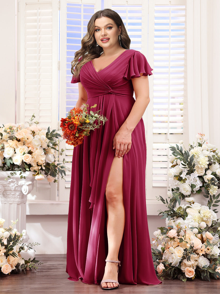 A-Line V-Neck Short Sleeves Split Side Chiffon Plus Size Bridesmaid Dresses
