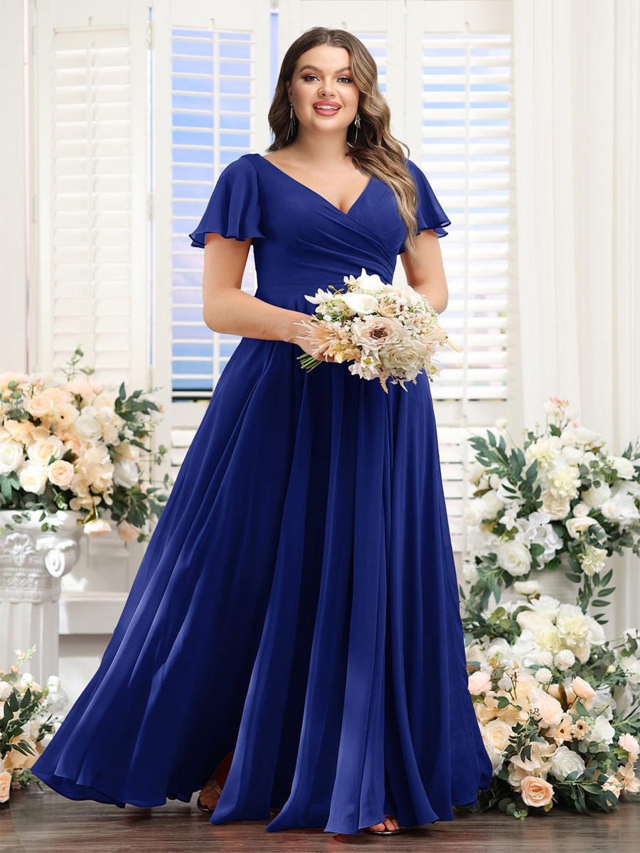 A-Line V-Neck Short Sleeves Split Side Ruched Chiffon Plus Size Bridesmaid Dresses