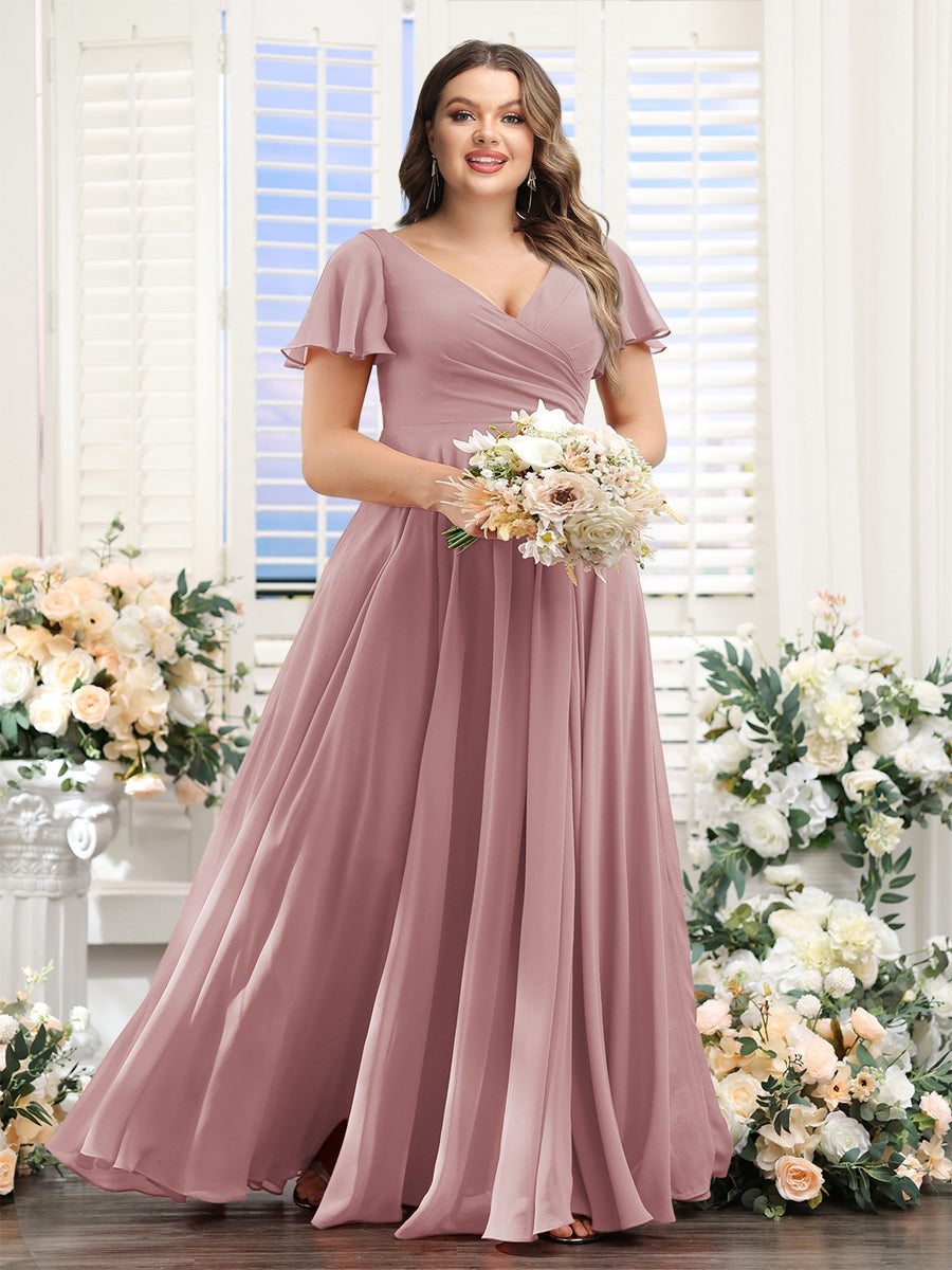 A-Line V-Neck Short Sleeves Split Side Ruched Chiffon Plus Size Bridesmaid Dresses