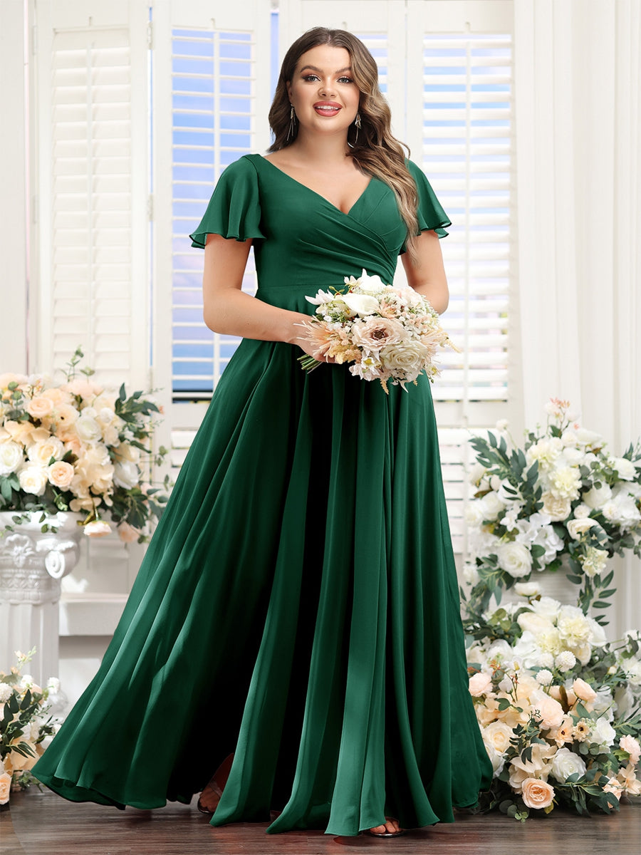 A-Line V-Neck Short Sleeves Split Side Ruched Chiffon Plus Size Bridesmaid Dresses