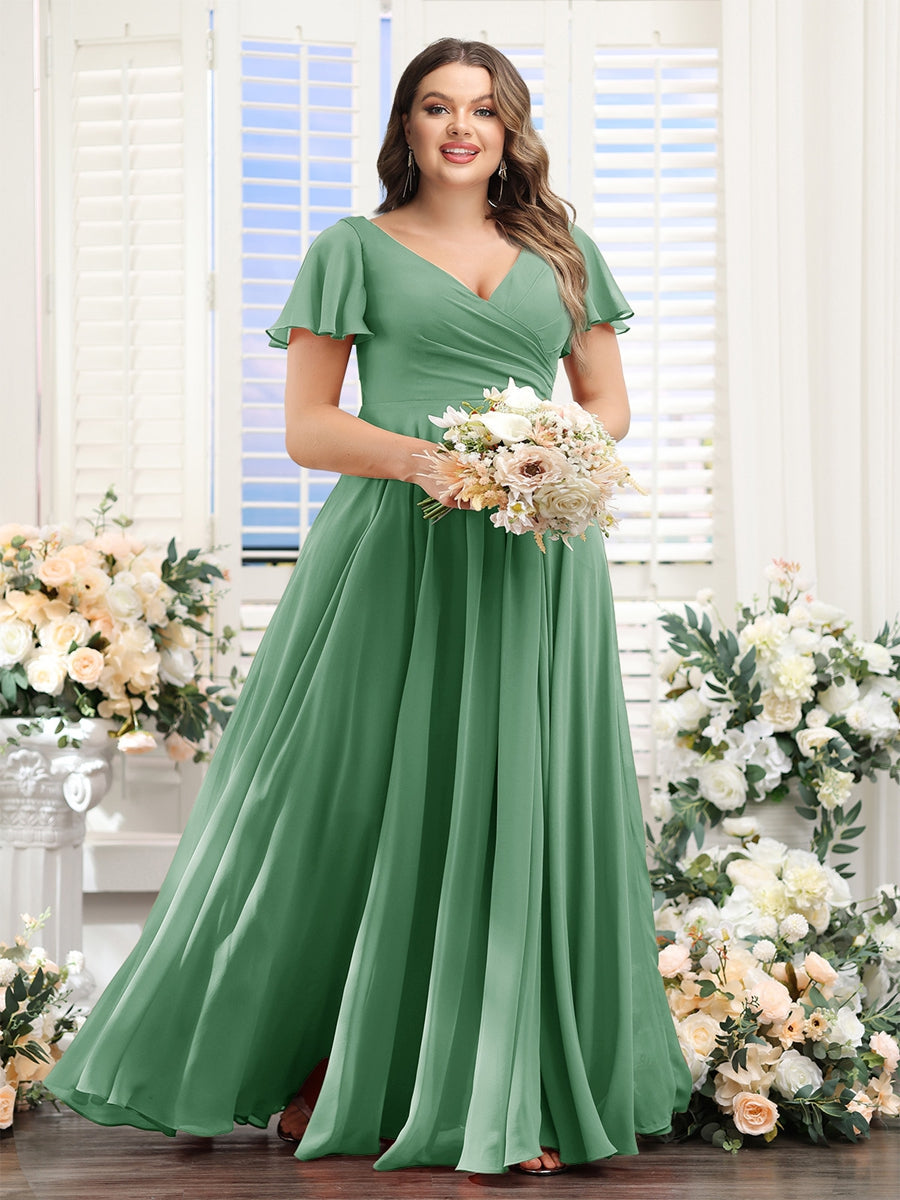 A-Line V-Neck Short Sleeves Split Side Ruched Chiffon Plus Size Bridesmaid Dresses