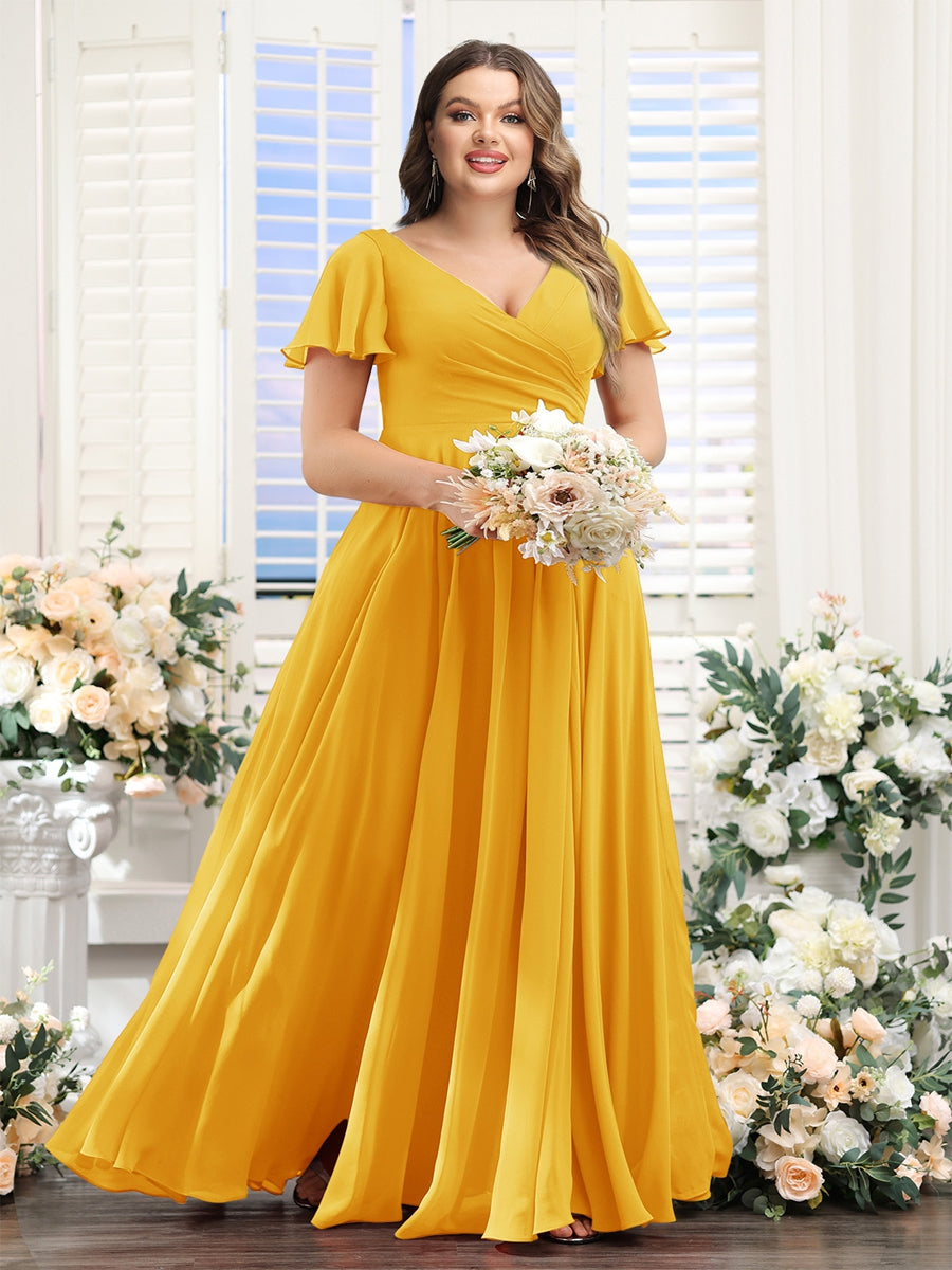A-Line V-Neck Short Sleeves Split Side Ruched Chiffon Plus Size Bridesmaid Dresses
