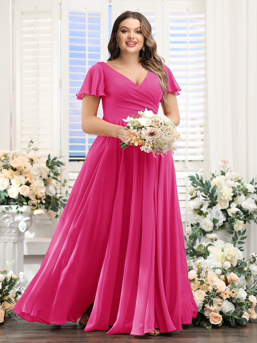 A-Line V-Neck Short Sleeves Split Side Ruched Chiffon Plus Size Bridesmaid Dresses