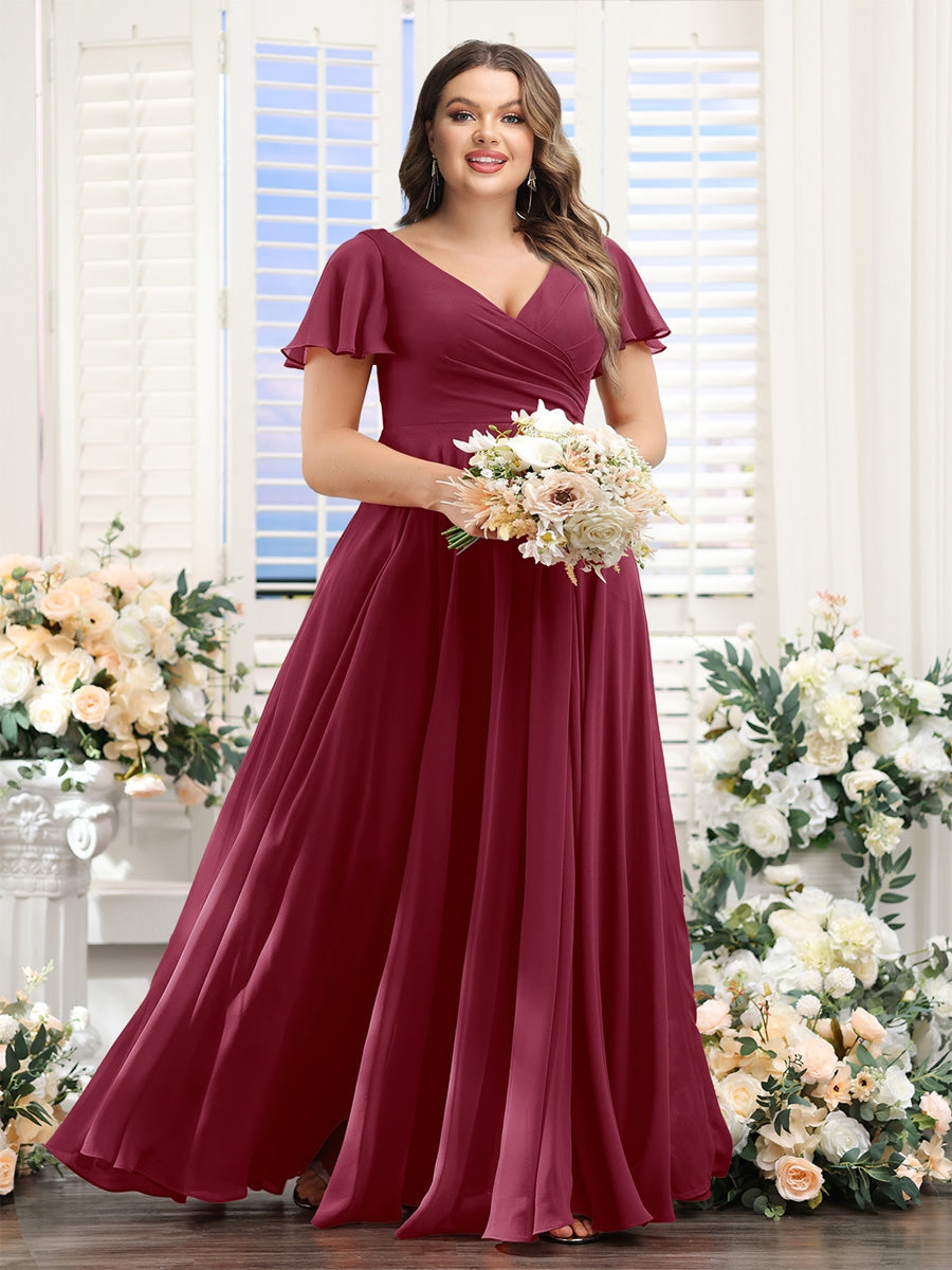 A-Line V-Neck Short Sleeves Split Side Ruched Chiffon Plus Size Bridesmaid Dresses